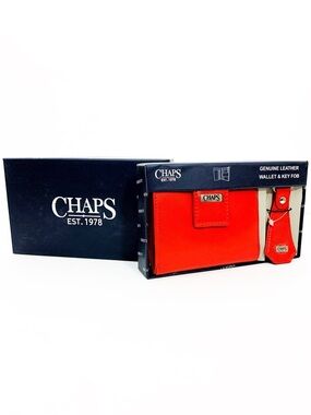 Chaps Red Genuine Leather Wallet and Key Fob Set NIB